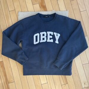 Obey Worldwide navy Crewneck Sweatshirt XS Streetwear Graphic Pullover lined